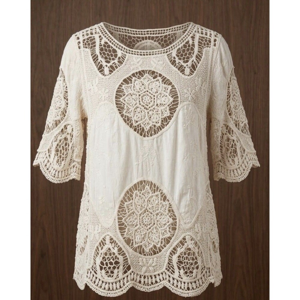 Contemporary Boho Crochet Blouse Women's Large Festival Macrame Top